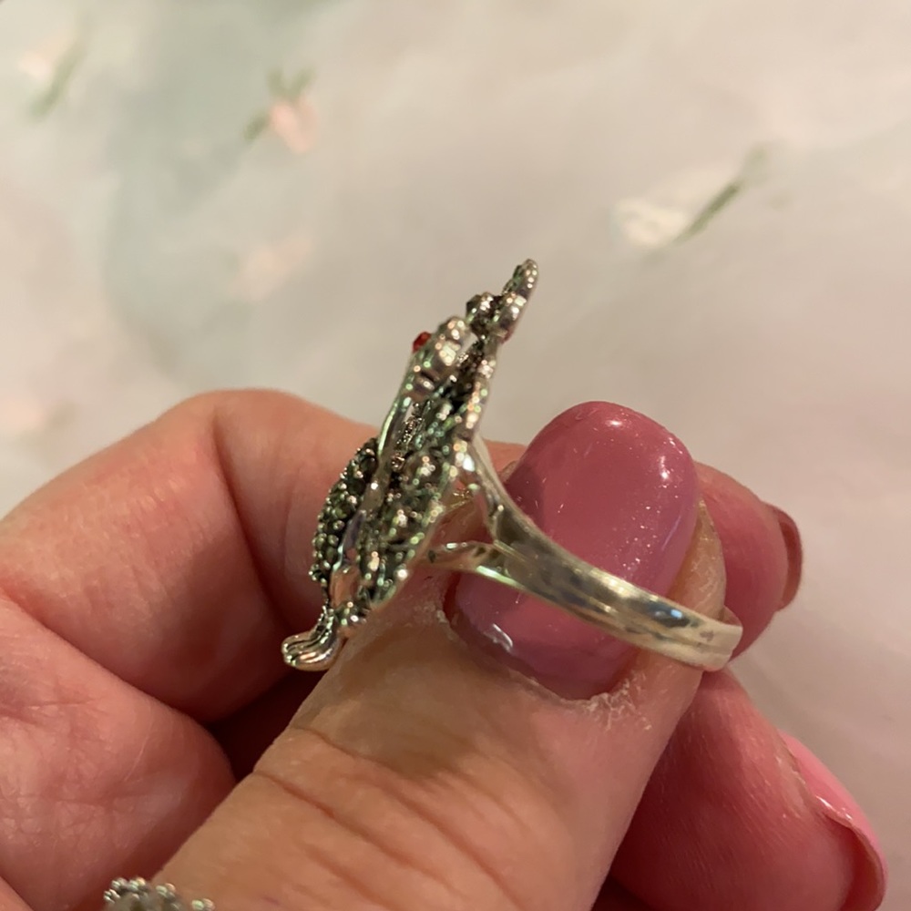 Sterling Silver Marcasite Ruby Peacock Ring - image 7